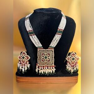 Elegant White Beaded Necklace and Earring Set with Gold and Green Accents